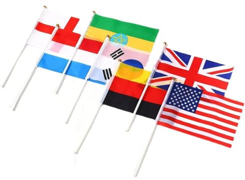 Rockreyoa Lot de 32 drapeaux à main de différents pays avec bâton de drapeau - Petits drapeaux nationaux - Décorations de fête pour jeux Coupe du monde - Fête sportive - 20 x 28 cm