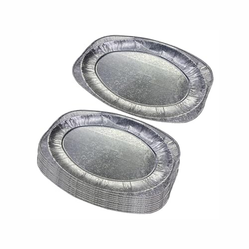 JMS we create smile Pack of 10-14 Inch Aluminum Foil Platters, Large Disposable Silver Embossed Foil Serving Platter, Oval Party Food Trays Oven Safe Buffet Catering Roasting BBQ Parties (Small)