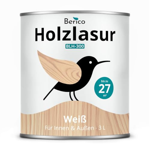 Berico Holzlasur - Weiß - 3 Liter Lasur - Kalkweiss - Wetterfeste Holzschutzlasur für Innen und Außen - Holzschutz, Wetterschutz und UV-Schutz