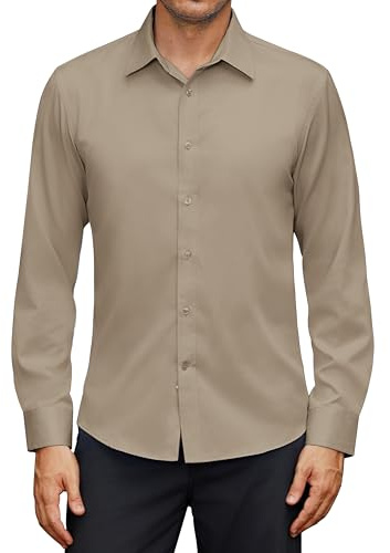 siliteelon Shirts for Men Adult Long Sleeve Khaki Mens Casual Shirt for Men UK Dress Formal Non Iron Business Work Mens Shirts L