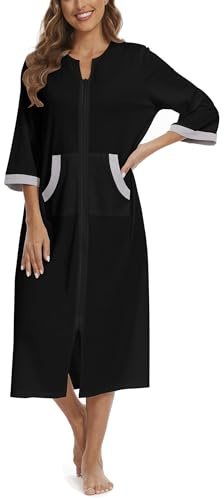 Korelayer Zipper Robes for Women 3/4 Sleeve Housecoats Long Lightweight Bathrobe House Dress with Pockets