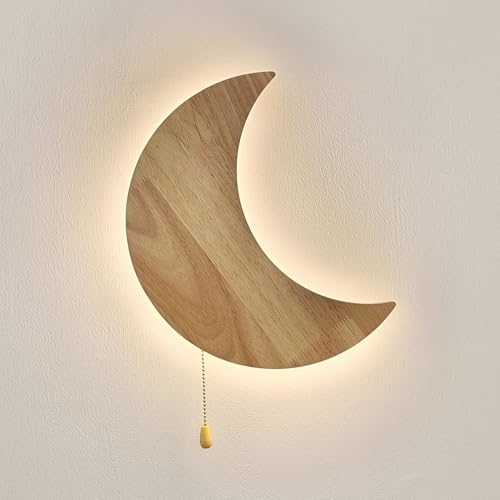 EOEO LED Wandleuchte Holz mit Schalter Mond Kinderzimmerlampe Wand Nachttischlampe 3 Lichtfarben 3000K-6000K Baby Wandlampe Nachtlicht, für Junge Mädchen Schlafzimmer Studie Deko Mondlampe