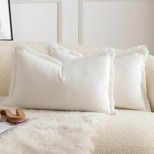 Mandioo 2er Set neutralen Baumwolle Quasten Kissenbezug 40x60cm Dekorative Kissenbezüge Dekokissen Boho Sofakissen Kissenhülle für Couch Sofa Schlafzimmer Wohnzimmer Heimdekoration Cremeweiß