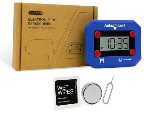 FLEXEO Elektronische Parkscheibe mit Zulassung durch das Kraftfahrt-Bundesamt | TÜV SÜD geprüft | Automatische Parkscheibe nach StVO - Elektrische Parkuhr inkl. Bedienungsanleitung