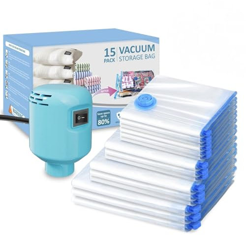 Kissleaf Vacuum Storage Bags 15-Pack Vacuum Bags with Electric Pump 30 Seconds Fast Compression Durable Dustproof Waterproof Vaccine Storage Bags Travel for Duvets,Bedding,Quilts,Clothes