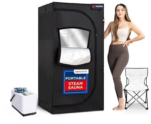 TopMaster Bärbar bastu ångtält – full storlek personlig bastu låda för hemmet med 3 liter 1 000 W generator, inkluderar hopfällbar stol, 9 värmenivåer