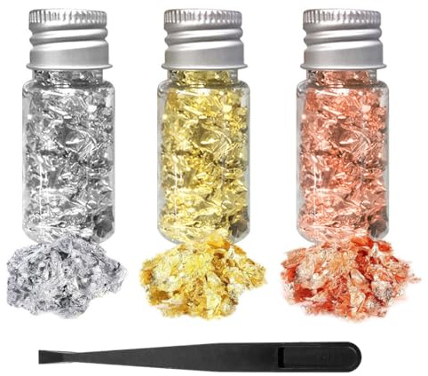 Sarini Edible Gold Leaf Flakes,Gold Foil Flakes Multifunctional Decorative Gold Leaf Paper Decorative Foil Paper Kitchen Mousse Cake Baking Pastry Crafts Decor (3 Bottles)