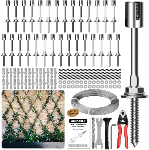 Acemaker Drahtspalier für Kletterpflanzen im Freien, 30 Sets Wanddraht, Rankhilfe-Set mit 2 mm x 45,7 m Edelstahlkabel und Schneider, T316 Spaliersystem für Zaun und Garten, DIY-Projekte