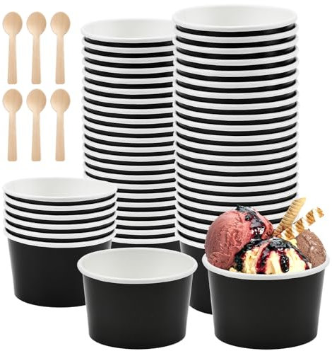 REFORUNG 50 Piezas Tarrinas de Helado 240ml Vasos de Papel para Helado Desechable Cuenco para Helado para Pastel Negra Copas de Papel para Helado con 50 Cucharas para Helado Yogur Sopa