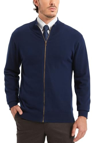 Kallspin Cardigan da uomo in puro cotone con cerniera integrale e colletto alla coreana, leggero, lavorato a maglia, abbigliamento casual, Blu navy, M