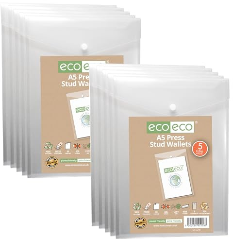eco-eco A5 50% Recycled Clear Transparent Portrait Press Stud Popper Wallet, Plastic Folders 230x170mm (Pack of 10), 200mic, eco158x2