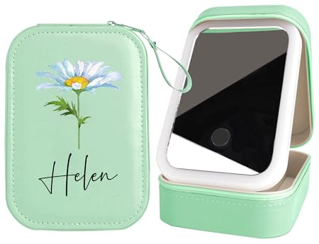 Personalized Birth Flower Makeup Box with LED Mirror Custom Leather Name Makeup Mirror Jewelry Box Portable Travel Makeup Storage Box with Light Birthday Christmas Gifts for Women Mom