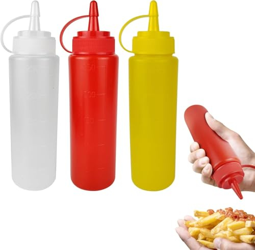 ICSTM 3 bottiglie di plastica da spremere con beccuccio, 250 ml, riutilizzabili, da spremere, adatte per senape, olio d'oliva, marmellata, ketchup, condimenti per insalata (250 ml)
