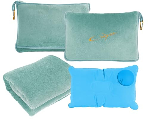 CLEXION Reisedecke und Kissen-Set, 300 g/m², weiches Fleece, 152,4 x 109,2 cm, 3-in-1-Flugzeugdecke, Reisekissen und Decke, Reisedecke, Flugzeug, kompakt mit Tasche, Reiseutensilien, Mintgrün