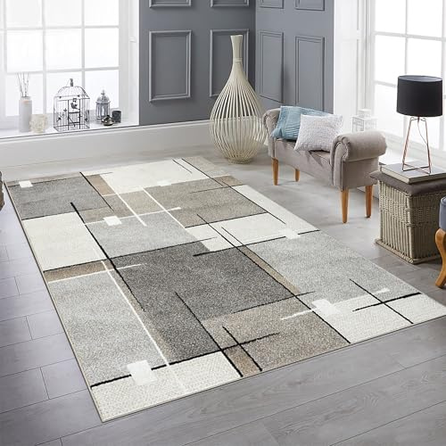 Teppich-Traum Kurzflor Teppich Geometrisches Muster Creme Grau 140x200 cm | Weich, pflegeleicht, formstabil, strapazierfähig, allergikerfreundlich, für Fußbodenheizung, Wohn- & Esszimmer