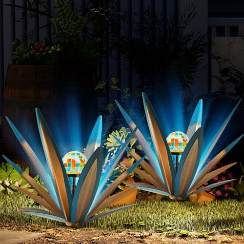 TOMBABY Solar Rustikaler Gartenstil Metall Agave Pflanzen Outdoor Terrasse Home Decor Handbemalte Metall Agave Garten Terrasse Statuen, Geeignet für Wüstengebiete, Outdoor-Rasendekorationen (2