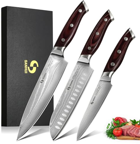 SANHUI Damascus Chef Knife Set 3Pcs - Professional Kitchen Knife Sets with 67 Layers High Carbon Stainless Steel, Ultra-Sharp 8 Chef Knife, 7 Santoku & 5 Utility Knife - Ergonomic Handle & Gift Box