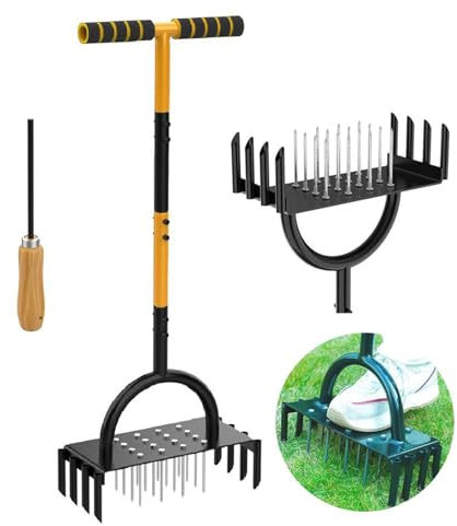 Aérateur De Pelouse Manuel 2 en 1 avec 16 Pointes Et 8 Noyaux, Aérateur De 98 Cm pour Gazon avec Manche en T, Scarificateur Manuel en Métal Aérateur De Pelouse pour Sols Compacts Et Pelouses