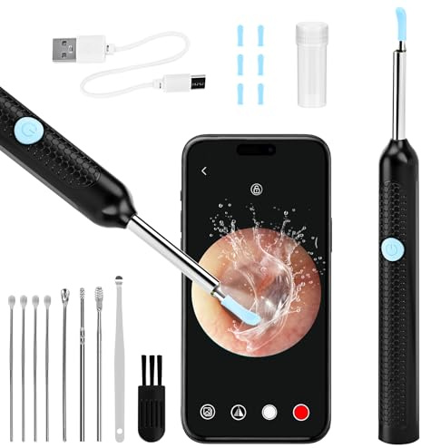 Cozy Inviting Pulitore Orecchie, Pulire Orecchie con Telecamera, impermeabile IP67, Pulizia Orecchie con 6 Luci LED, Adatto per Smartphone e iOS e Android