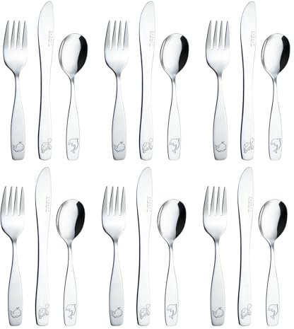 EXZACT Couverts Enfant 18pcs Acier Inox – Lavable Lave-Vaisselle – Ustensiles Gravés Créatures Océan Dauphin Tortue Baleine, 24M+
