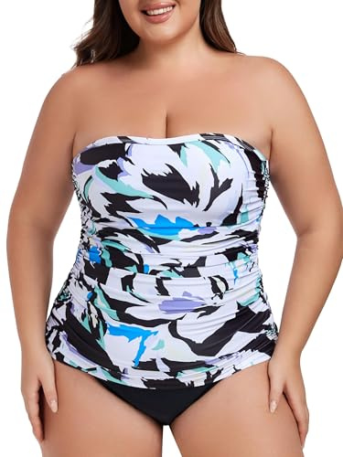 Ocean Blues Top Tankini Bandeau Senza Spalline da Donna Controllo Pancia Solo Top Costume da Bagno, Floreale, L