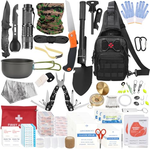 BILIPLE Kit de Survie 35 en 1, 134pcs Trousse de Survie Polyvalente avec Trousse de Secours, Couverture de Survie, Mini Pelle Pliante, Pince Multifonction, Lampe Torche, Sac à Bandoulière
