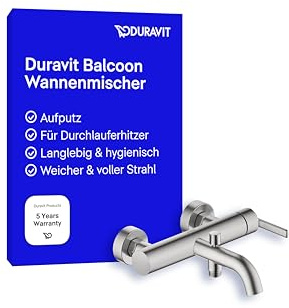 Duravit Balcoon Wannenarmatur Aufputz für 2 Verbraucher, Einhebel-Wannenmischer mit Keramikmischsystem und Rückflussverhinderer, Edelstahl Gebürstet
