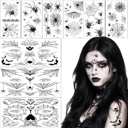 Halloween Tattoo Gesicht Spinnen Spinnennetz Temporäre Tattoos, Halloween Gesichtstattoo für Karneval Kostüm, Zombie Make-Up Zubehör – Spinnentattoos Sticker für Gruselig Deko, Cosplay & Show