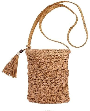 PINEPAN Damen-Strohtasche, Boho-Stil, Stroh-Umhängetasche mit Quaste, handgefertigt, Bohemian-Stil, Umhängetasche mit Reißverschluss für Sommer, Urlaub, Strand und Reisen, Khaki.