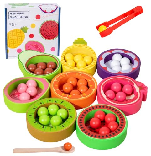 Kezidhp Giocattolo Montessori in Legno Frutti da Abbinare con Cucchiaio e Pinzetta, Gioco Educativo per Riconoscimento Colori e Frutta, Giocattolo Motricità Fine Regalo Bambini 2 3 4 Anni