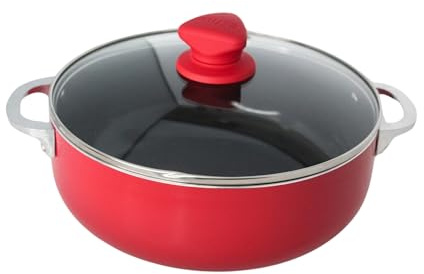 IMUSA 3.2 Qt Red Aluminum Dutch Oven with Black Ceramic Nonstick, Glass Lid & Riveted Handles – Oven Safe Caldero for Everyday Cooking