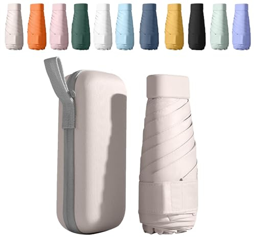 Mini Paraguas Plegable, Paraguas Pequeño de Bolsillo con Protección UV 50+ y Antiviento | 6 Costillas Reforzadas | Incluye Estuche Compacto | Portátil para Viaje, Sol y Lluvia | Unisex (Beige)