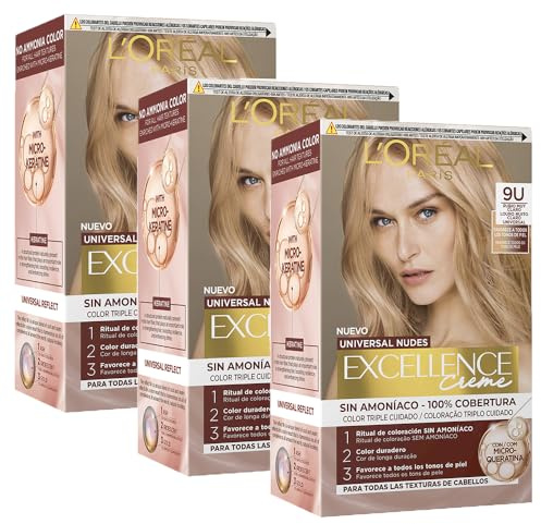 L'Oréal Paris Pack 3 Excellence Universal Nudes 9U Rubio Muy Claro 550 - Coloración Triple Cuidado Sin Amoniaco con Pro-Keratina