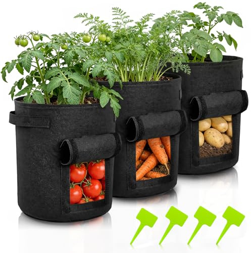 3 Pack 10 Gallon Plant Grow Bags, Durable Plant Growing Bags with 4 Plastic Labels, Breathable Nonwoven Garden Planting Bag, Vegetable Planter Bags for Tomato, Carrot, Flower, Fruits Outdoor (color1)