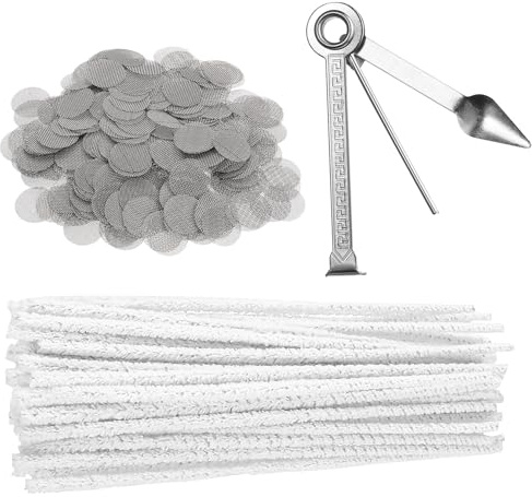 300 PcsFiltros de Pantalla Cónica, 15mm Filtros de Malla de Acero Inoxidable, Filtros Cónicos, Pantalla Colador Precortado Reutilizable, incluye una herramienta 3 en 1 y 50 limpiadores para pipas