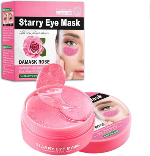 24K Gold Undereye Mask (60 Pcs),Collagen Hydrating Gel Pads, Reduce Puffiness,30 Pairs Under Eye Patches for Dark Circles Puffy Eyes Treatment,Wrinkle,Women Men Beauty (Damask Rose)