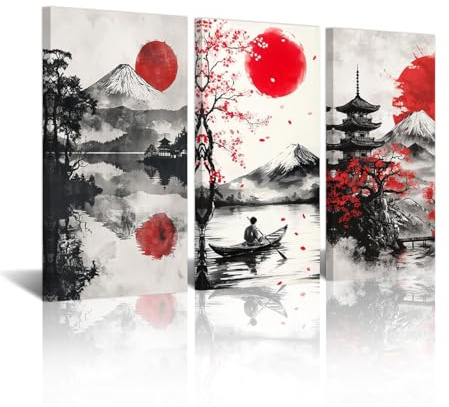 CXHOSTENT Japanische Leinwandbilder 3 teilig Asiatische Landschaftsmotive Kirschblütensee Bild für die Heimdekoration(20 x 40 cms x 3PCS)