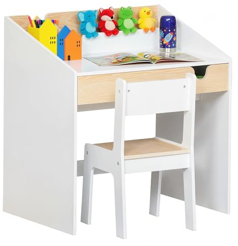 HOMCOM Set Scrivania e Sedia per Bambini, Tavolo con Cassetto e Scaffale, Mobili per Cameretta con Angoli Arrotondati, per Età 6-10 Anni, Bianco e Legno