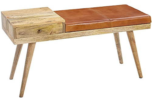 FineBuy Sitzbank 100x38x52 cm Massivholz Echtleder mit Schublade | gepolsterte Polsterbank im Retro Stil, Garderobenbank mit Stauraum für Schlafzimmer, Flur und Wohnzimmer