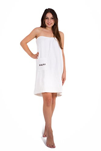 Julie Julsen Saunakilt für Damen 75 x 140 cm Klettverschluss und Gummizug 100% Baumwolle Tasche aufgesetzt Weiß