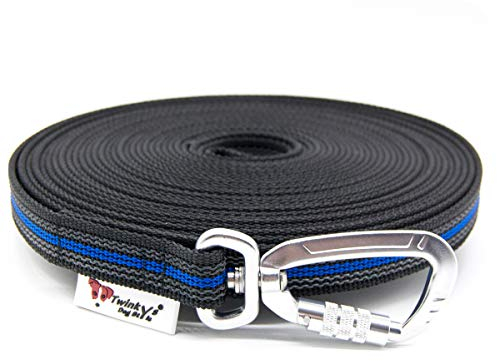 Twinkys Dog Style Schleppleine gummiert mit Sicherheitskarabiner 20 mm breit für Hunde bis 50 kg - MIT Handschlaufe 40 Meter Schwarz Blau Made IN Germany