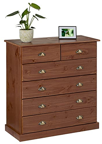 Kommode PARIS aus Massivholz, Kastanie Finish - Apothekerkommode aus Kiefernholz mit 6 Schubladen, Landhausstil mit Muschelgriffen, Schubladenschrank ideal für Schlafzimmer oder Eingangsbereich