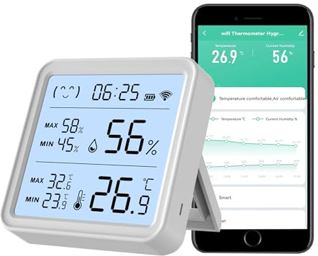 Smart WiFi Sensore di umidità di temperatura,termometro igrometro wireless,orologio e visualizzazione dell'ora,intelligente monitoraggio della temperatura con applicazione Tuya,compatibile con Alexa