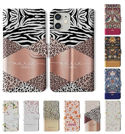 Tirita Personalised Wallet Phone Case for iPhone 13 With Card Holder – Leather Flip Case or Cover With Custom Name – Cute Personalised Gift for Women [14. Leopard Print Rose Gold]