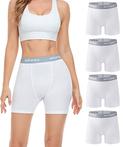 Wirarpa boxertrosor för kvinnor med 14 cm (5,5 tum) innerbenslängd, skavfria boxertrosor att bära under klänningar och leggings, 4-pack., Vit-4-pack, S
