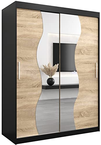 KRYSPOL Schwebetürenschrank Madryt 150 cm mit Spiegel Kleiderschrank mit Kleiderstange und Einlegeboden Schlafzimmer- Wohnzimmerschrank Schiebetüren Modern Design (Schwarz + Sonoma)