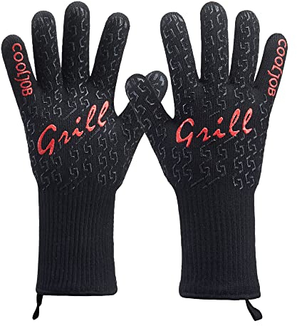 COOLJOB BBQ Gloves, Oven Gloves Heat Resistant with Non Slip Silicone, Oven Mitts with Fingers for Barbecue Grilling Baking Cooking Welding, One Size Fits Most, Black (1 Pair)
