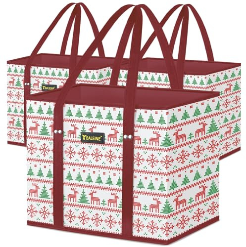 BALEINE 3Pk Reusable Grocery Bags, Foldable Shopping Bags for Groceries with Reinforced Bottom & Handles (Reindeers)