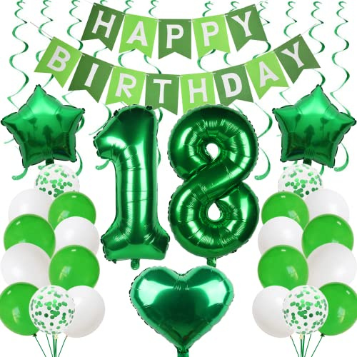Ballons 18. Geburtstag Grün - Luftballons und Deko für Jungen und Mädchen - Geburtstagsdeko 18 Jahre mit Girlande