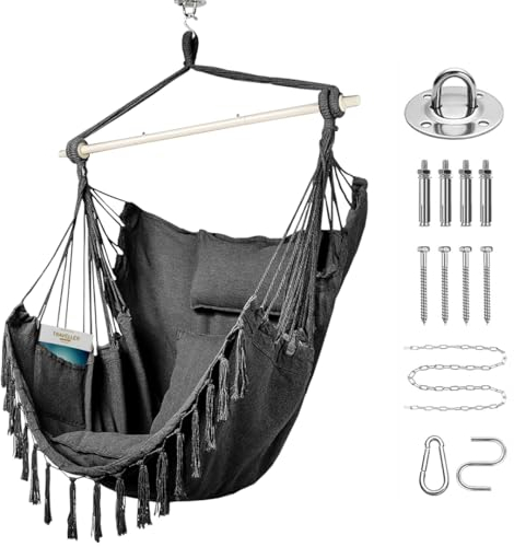 Goutime XXL Hängematten-Schaukelstuhl - mit 2 Kissen und 1 Nackenkissen, Baumwoll-Schaukelstuhl für Schlafzimmer und Terrasse, Hängestuhl mit Seitentaschen und Montagezubehör (Dunkelgrau)